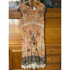 Bila Boho Floral Bird Print Rayon Midi Dress XL Lace Trim Empire Waist V-Neck